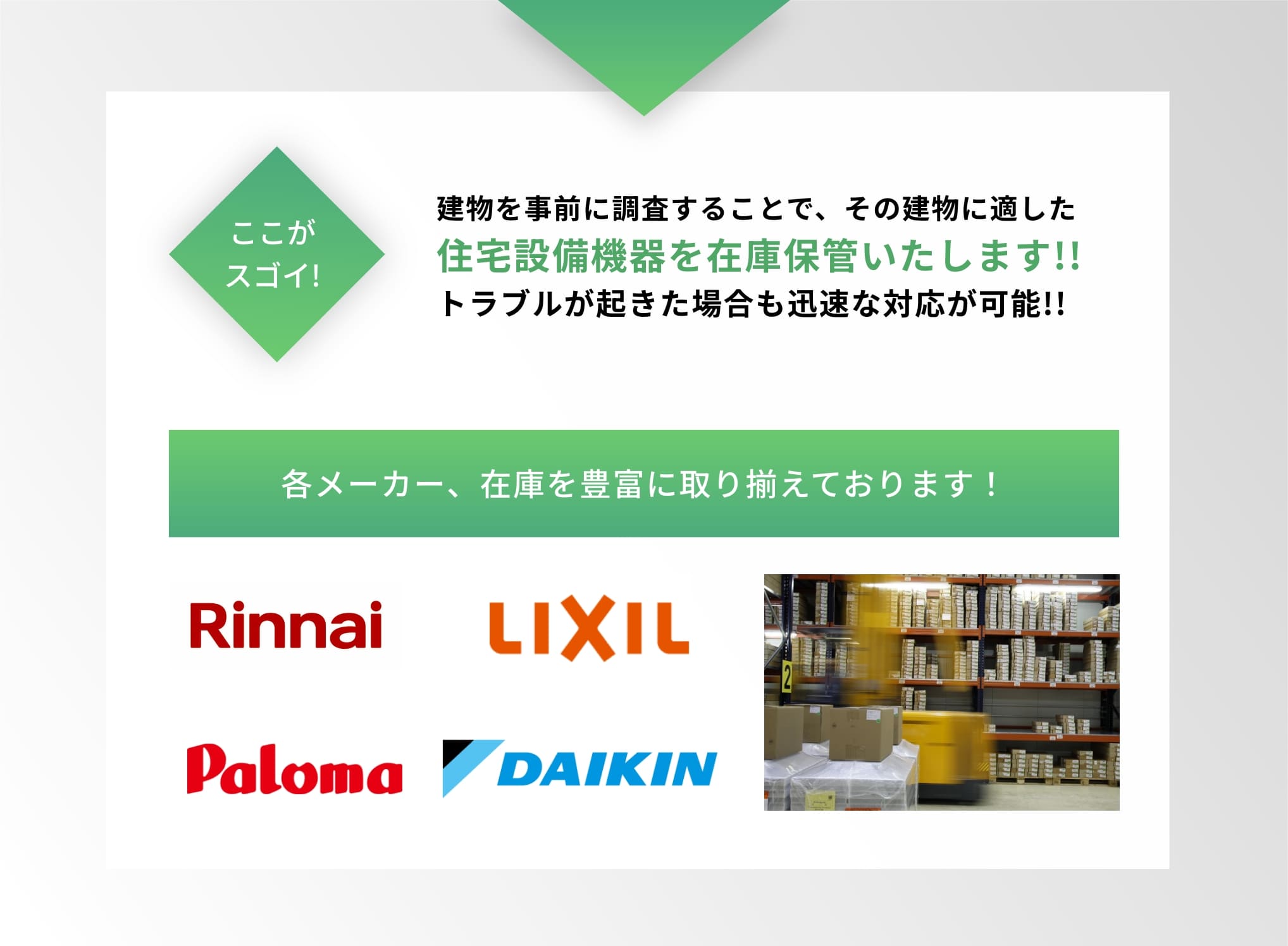 ここがスゴイ!/建物を事前に調査することで、その建物に適した住宅設備機器を在庫保管いたします!!トラブルが起きた場合も迅速な対応が可能!!各メーカー、在庫を豊富に取り揃えております！Rinnai/LIXIL/Paloma/DAIKIN